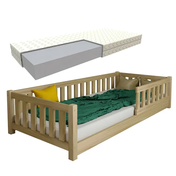 ŁÓŻKO DZIECIĘCE MONTESSORI LULU SOSNA PODŁOGOWE 80X160 + STELAŻ MATERAC