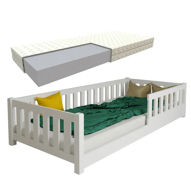 ŁÓŻKO DZIECIĘCE MONTESSORI LULU BIAŁE PODŁOGOWE 90X200 + STELAŻ MATERAC