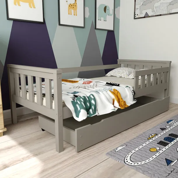 ŁÓŻKO DZIECIĘCE DREWNIANE SZARE FRANIO 80X180 Z SZUFLADĄ + STELAŻ GRATIS
