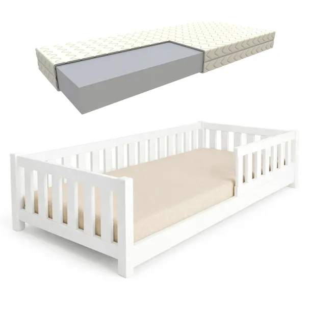 ŁÓŻKO DZIECIĘCE MONTESSORI LULU BIAŁE PODŁOGOWE 120X200 + STELAŻ MATERAC