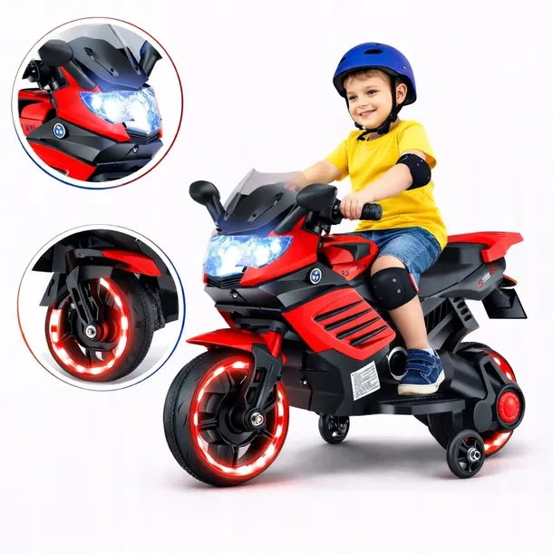 MOTOR dla DZIECI na Akumulator MOTOCYKL Muzyka Klakson LED Boczne Kółka