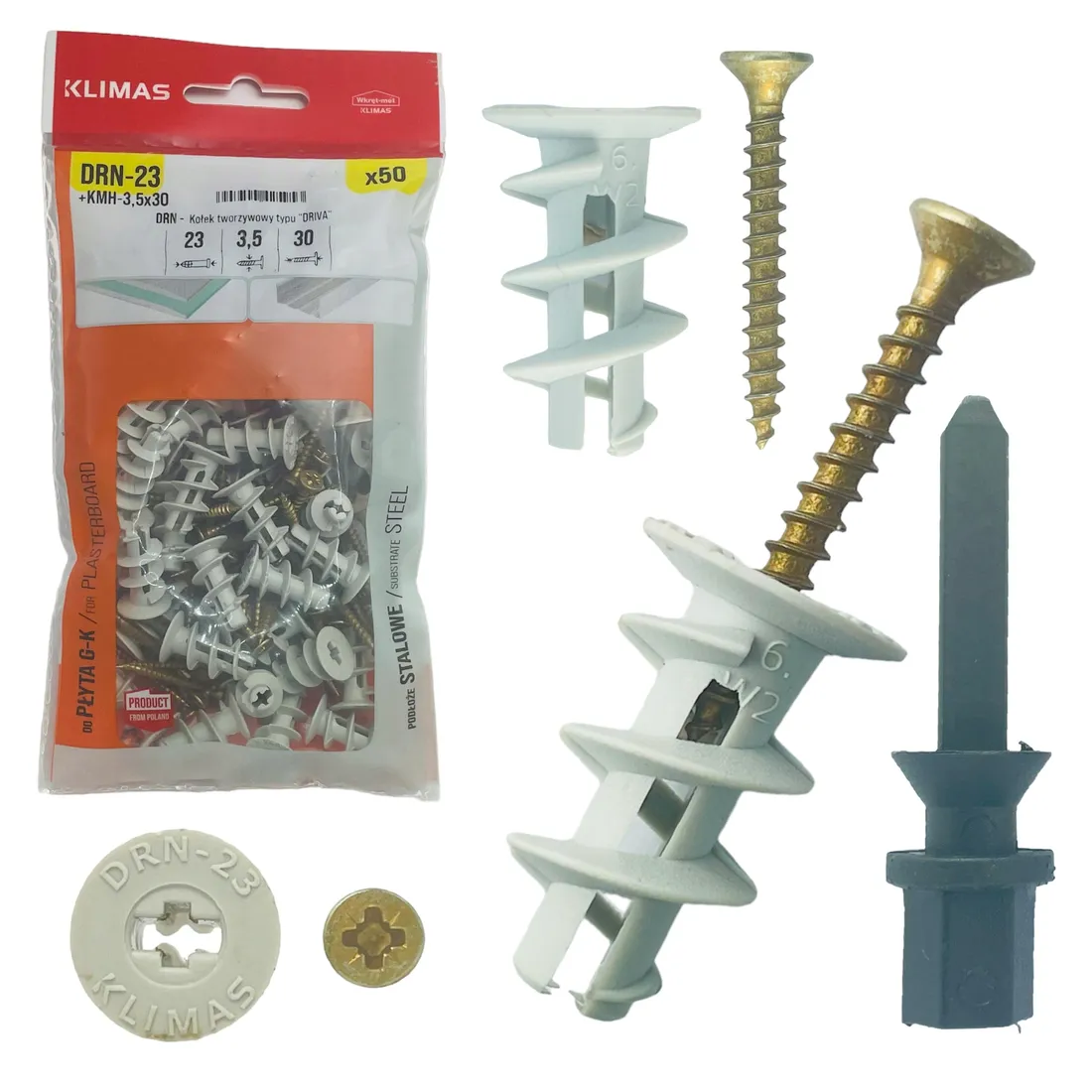 kolki-driva-do-plyt-karton-gips-gk-regips-8x23-mm-slimakowy-z-wkretem-50szt-stan-nowy