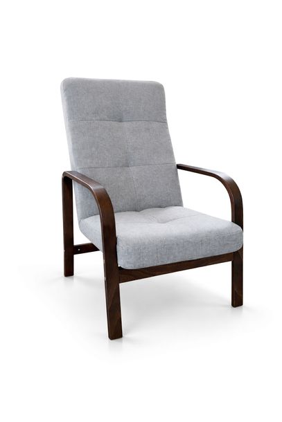 Fotel Finka Nordic Comfort wypoczynkowy salon drewno orzech materiał szary M24