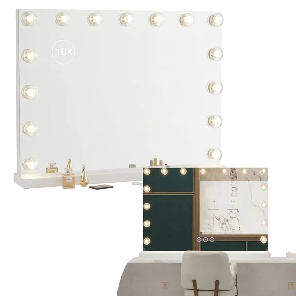 Lustro Hollywood Do Makijażu 18 LED 80x62 cm USB-C Lupa 10x Dotykowe Białe