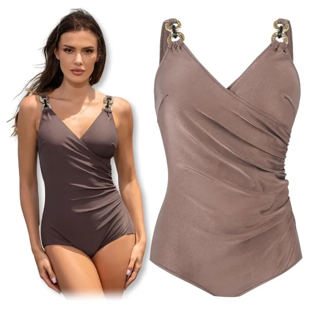 Strój Kąpielowy Jednoczęściowy 46 3XL Damski Kostium Beżowy Plus Size
