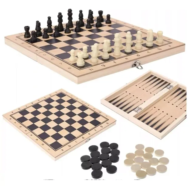 SZACHY DREWNIANE KLASYCZNE WARCABY TRYKTRAK 3W1 XXL DUŻE 29x29cm