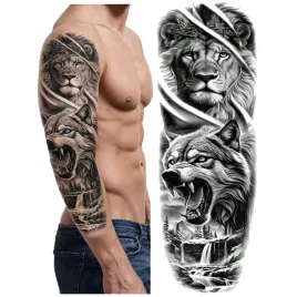 tatuaz-rekaw-wilk-lew-walka-zmywalny-tymczasowy-wodny