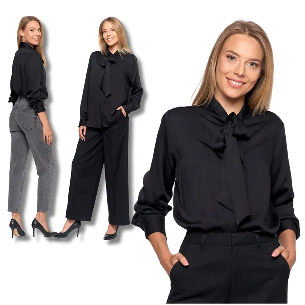 KOSZULA DAMSKA Z KOKARDĄ POD SZYJĄ CZARNA ELEGANCKA BLUZKA KOBIECA MORAJ XL