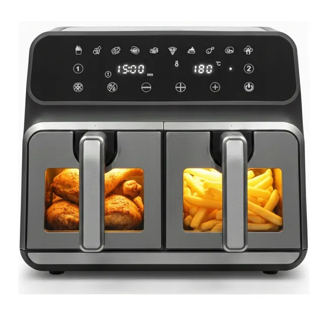 FRYTKOWNICA BEZTŁUSZCZOWA 9L 2500W XXL AIR FRYER OKIENKA DWUKOMOROWA CZARNA