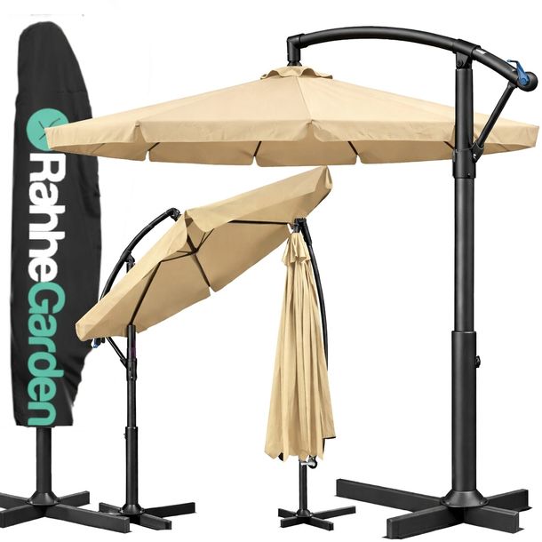 PARASOL ogrodowy 350cm SKŁADANY z WYSIĘGNIKIEM FALBANĄ + POKROWIEC beżowy