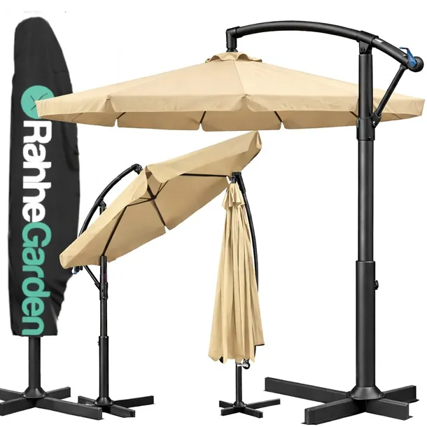 PARASOL ogrodowy 350cm SKŁADANY z WYSIĘGNIKIEM FALBANĄ + POKROWIEC beżowy