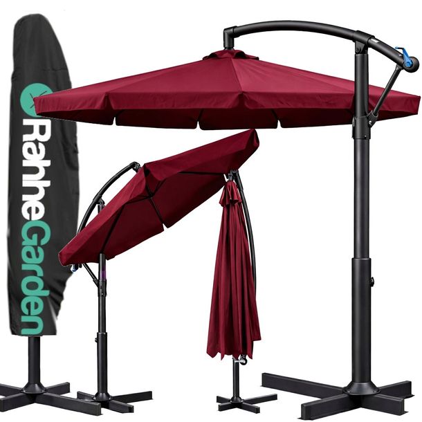PARASOL ogrodowy 350cm SKŁADANY z WYSIĘGNIKIEM FALBANĄ + POKROWIEC/ bordowy
