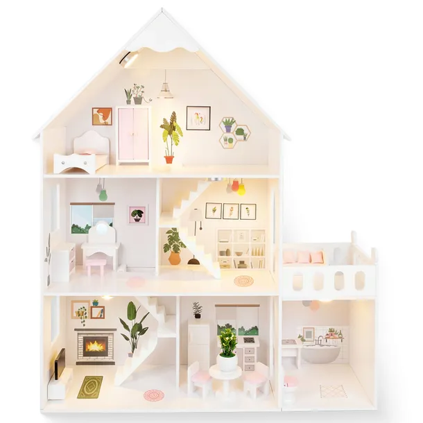 DUŻY DOMEK DLA LALEK DREWNIANY KINDERPLAY LED WILLA XXL 118CM MEBLE GARAŻ