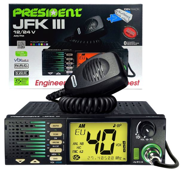 CB RADIO PRESIDENT JFK 12V/24V USB NRC President CHANNELS półkieszeń mont.