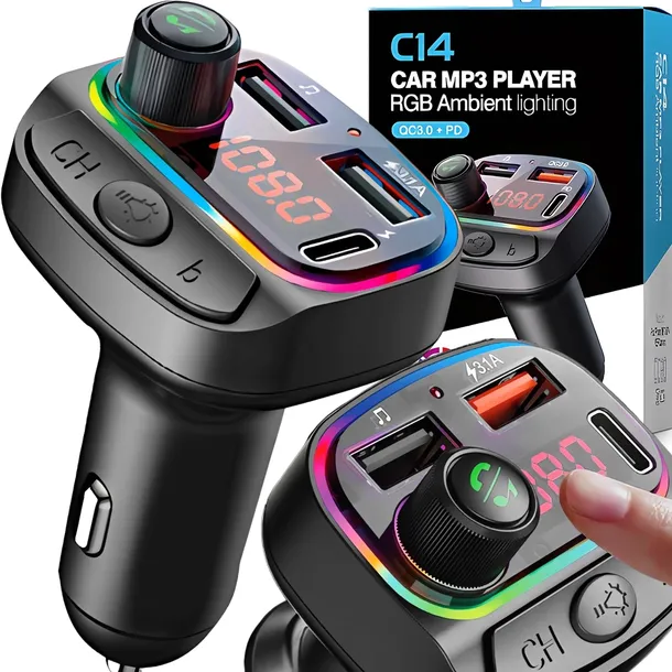 TRANSMITER SAMOCHODOWY FM BLUETOOTH SZYBKA ŁADOWARKA 7 KOLOR RGB MP3 2XUSB
