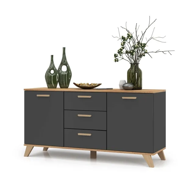 KOMODA SZAFKA RTV 150 CM 3 SZUFLADY 2 DRZWI POJEMNA GRAFIT DĄB WOTAN SCANDI