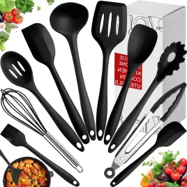 10x-przybory-kuchenne-silikonowe-zestaw-xxl-do-teflonu-lyzka-lopatka-czarne