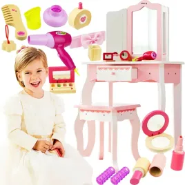 rozowa-drewniana-toaletka-potrojne-lustro-szuflada-krzeselko-8-akcesoriow