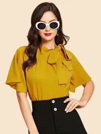 ic03314-shein-musztardowa-bluzka-wiazanie-na-dekolcie-xs