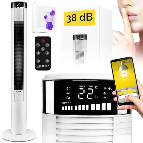 Cichy Wentylator kolumnowy stojący Yoer +10m Zasięg 4 tryby Jonizacja AROMA