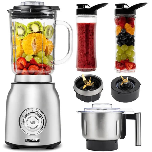 Blender kielichowy szklany 4w1 Yoer +MŁYNEK +2 Bidony 2,4L 1800W +stal INOX