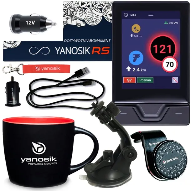 Yanosik RS DOŻYWOTNI ABONAMENT + 2 x UCHWYT SZYBA + KUBEK + Smycz