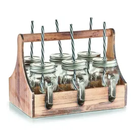 zeller-zestaw-6-szklanek-i-pojemnik-drewniany-szklo-drewno