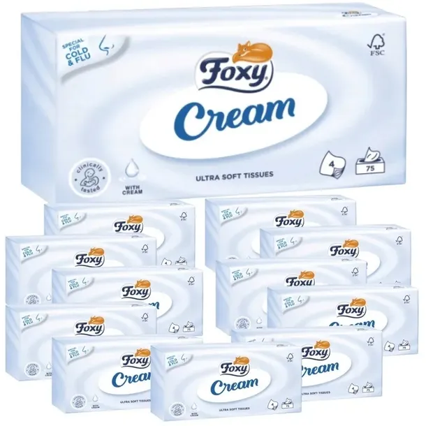 Chusteczki Foxy Cream Ultra miękkie 4 warstwy (75 sztuk) x 12 sztuk