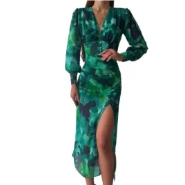 letnia-midi-sukienka-print-sexy-zielona-vintage-dlugie-rekawy-dekolt-szpic