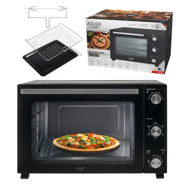 Duży Piekarnik Wolnostojący 60L Rożen Grill Termoobieg Pizza Timer 230C 2kW