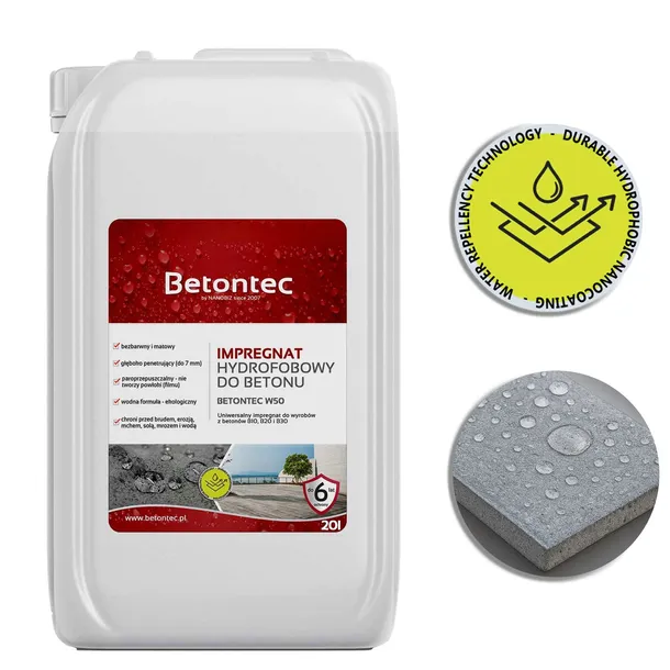 BETONTEC W50 wodny Impregnat hydrofobowy do betonu 20L=140m2 - 6lat ochrony