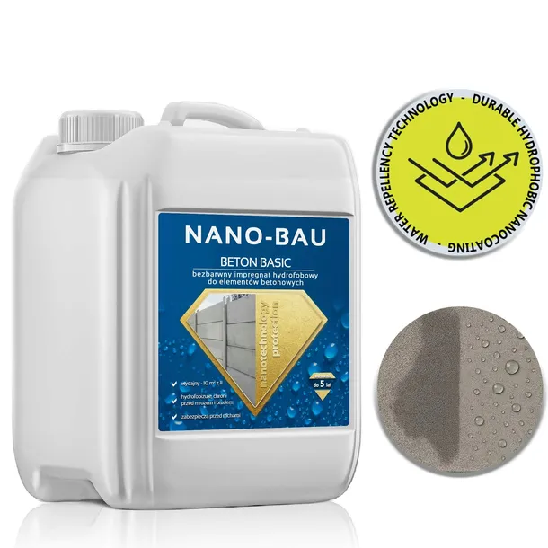 IMPREGNAT DO BETONU NANO-BAU 5L=30m2 hydrofobowy, Bezbarwny, 5 Lat Ochrony