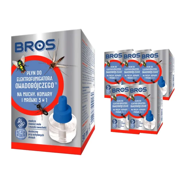 BROS Płyn Do Elektrofumigatora Na Muchy Komary I Mrówki 3w1 30 Ml x6 sztuk