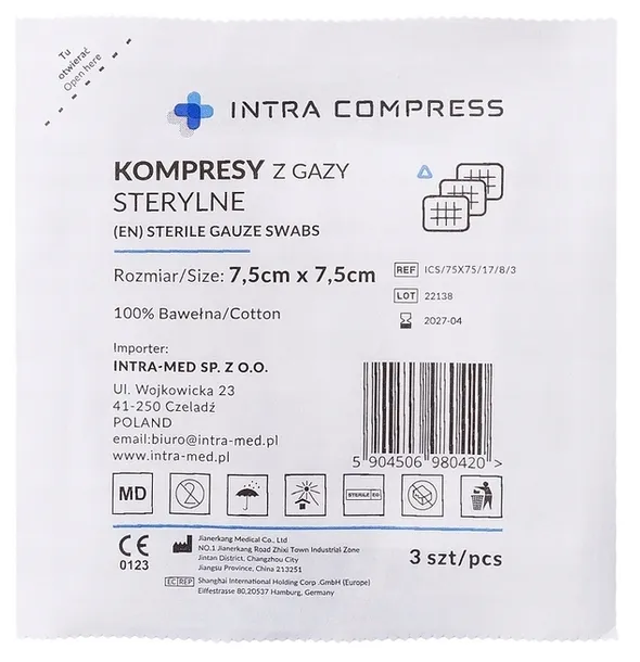 Kompresy z gazy sterylne 7,5cm x 7,5cm 17n8w 3 sztuki
