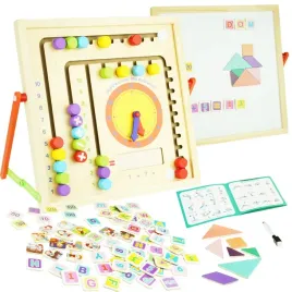 dwustronna-sensoryczna-drewniana-tablica-edukacyjna-z-zegarem-4w1