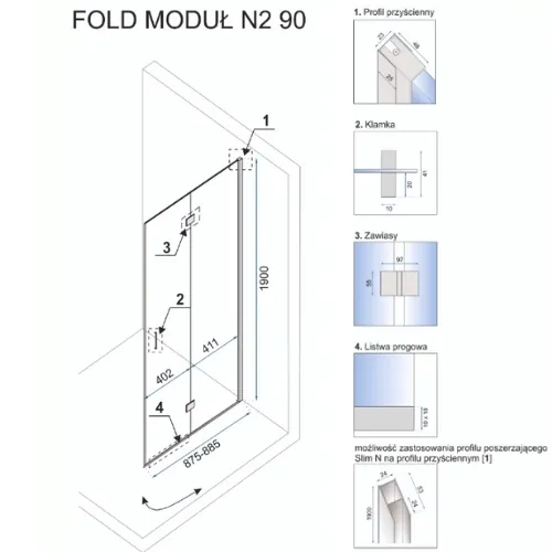 kabina-fold-n2-chrom-90x90-stan-nowy-wysokosc-calkowita-190-cm