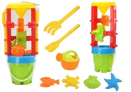 zestaw-zabawek-do-piasku-duzy-mlynek-wiaderko-foremki-kolorowy-lean-toys