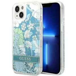 etui-iphone-14-guess-hardcase-flower-liquid-glitter-zielone