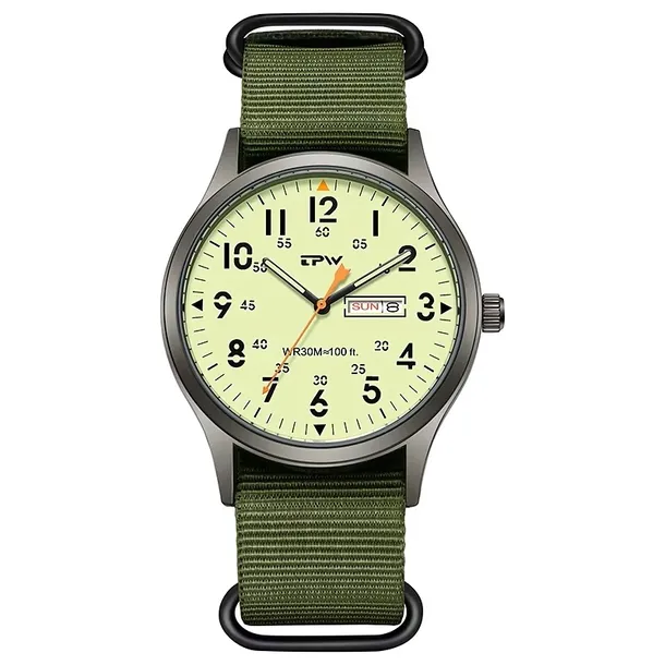 Zegarek TPW LUMINOUS - wojskowy styl, super design DAY- DATE - zielony