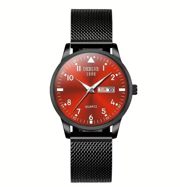 LUKSUSOWY, CZYTELNY ZEGAREK Z DATOWNIKIEM DAY-DATE LUMINOUS CZERWONA TARCZA