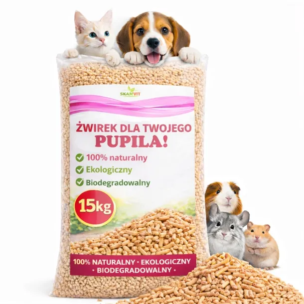Żwirek Pellet NATURALNY 15kg CERTYFIKOWANY Ściółka dla Kota Królika Psa Eko