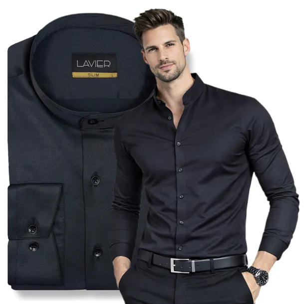 Koszula męska Stójka LAVIER czarna – elegancka, Slim Fit, bawełniana r. M