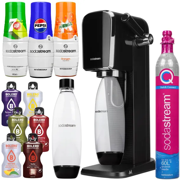 SATURATOR SODASTREAM ART CZARNY 3 SYROPY + NABÓJ ZESTAW DO GAZOWANIA WODY