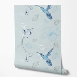 tapeta-na-sciane-niebieskie-ptaki-kwiatki-szare-liscie-do-pokoju-dziecka