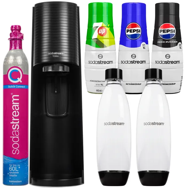 ZESTAW SATURATOR SODASTREAM TERRA BLACK Z 2 BUTELKAMI + SYROPY KONCENTRATY