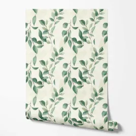 tapeta-na-sciane-zielone-liscie-estetyczne-ecru-tlo-do-kuchni-jadalni-biura