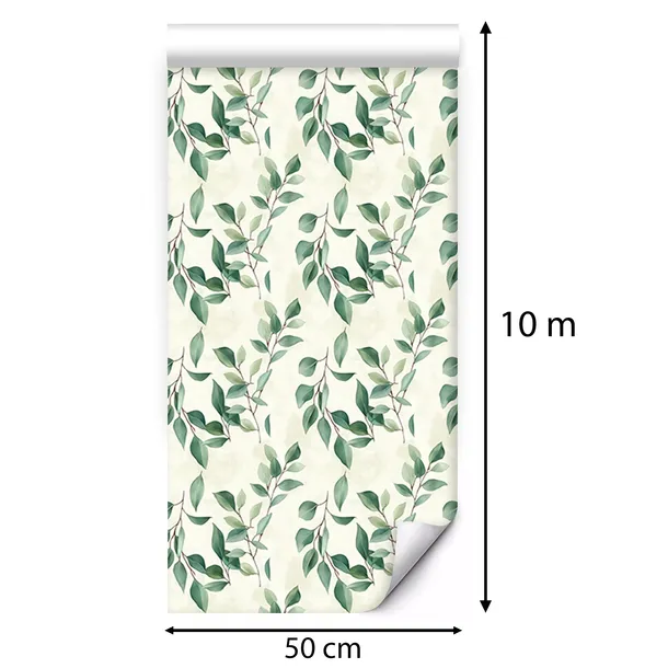 tapeta-na-sciane-zielone-liscie-estetyczne-ecru-tlo-do-kuchni-jadalni-biura-rodzaj-flizelinowa