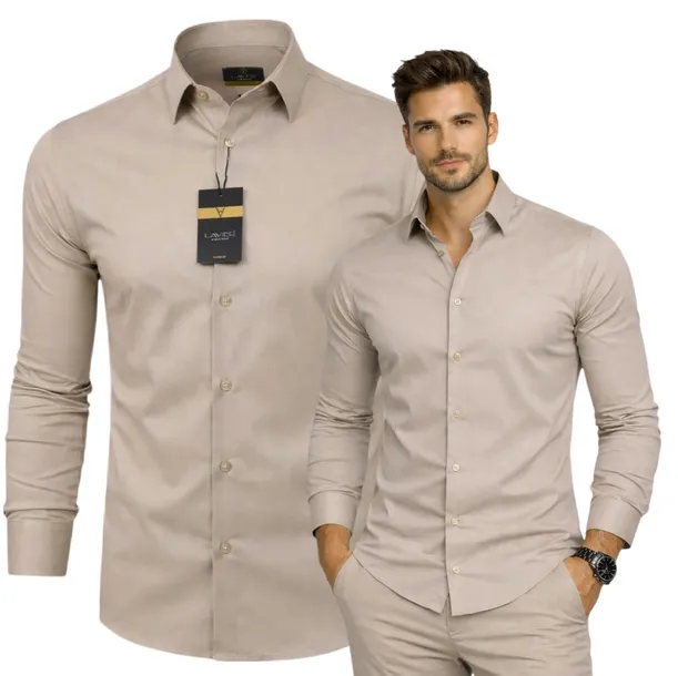 Koszula męska LAVIER Beżowa PREMIUM – 97% Bawełna, elegancka, Slim r. XL