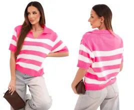 rozowy-neon-sweter-damski-w-paski-z-kolnierzem