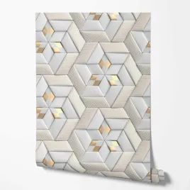 tapeta-na-sciane-efekt-3d-biale-zlote-figury-ecru-tlo-do-sypialni-salonu